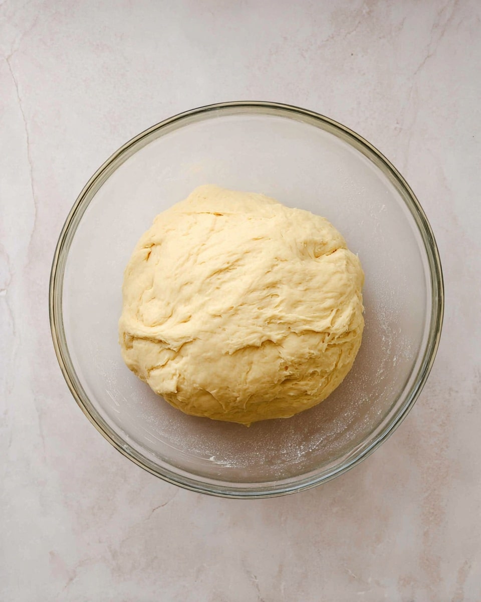 A clear glass bowl sits on a white marbled surface, holding a single large ball of pale yellow dough. The dough has a smooth texture with some slight creases and uneven spots, resting loosely in the center of the bowl. The bowl's round shape and transparent sides show the dough clearly from above. photo taken with an iphone --ar 4:5 --v 7