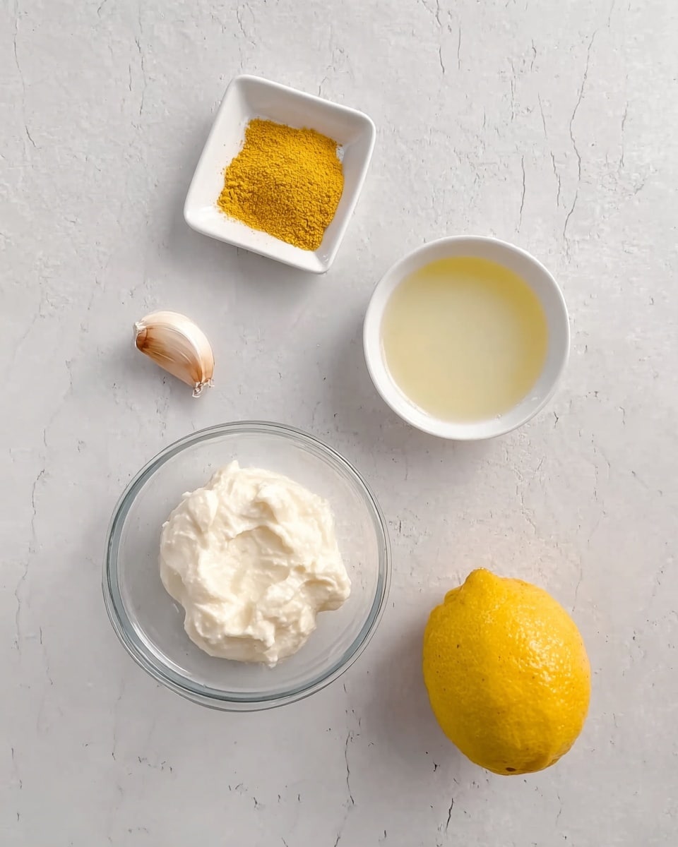 The image shows five ingredients arranged on a white marbled surface. At the top right, there is a small white bowl filled with light yellow liquid. At the top left, a small white square dish holds bright yellow powder. In the center between these, a single peeled garlic clove rests on the surface. At the bottom left, a clear glass bowl contains a thick white creamy substance. Finally, at the bottom right, a whole lemon with a bright yellow peel is placed. The photo is taken from above. photo taken with an iphone --ar 4:5 --v 7