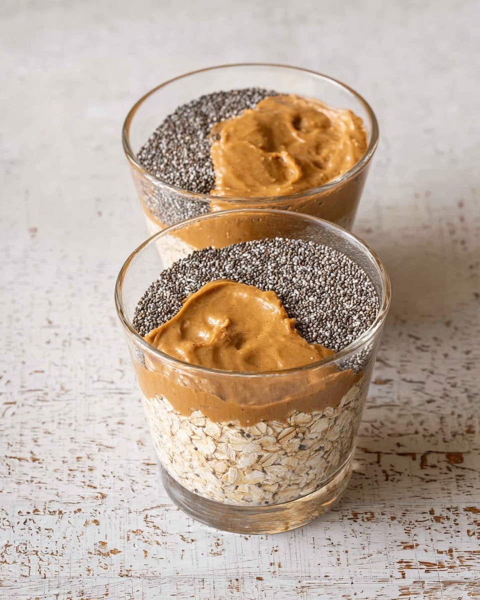 Two clear glass cups sit on a white marbled textured surface, each filled with three distinct layers. The bottom layer in each cup is light beige oats, covering about one-third of the cup base. Above this is a thick layer of small, black chia seeds that cover nearly half the cup, spreading evenly. A smooth, creamy brown almond butter layer rests on top of the chia seeds, slightly uneven in shape but thick and glossy, covering about one-third of the cup surface. The clear texture of the glass cups shows all the layers distinctly. photo taken with an iphone --ar 4:5 --v 7