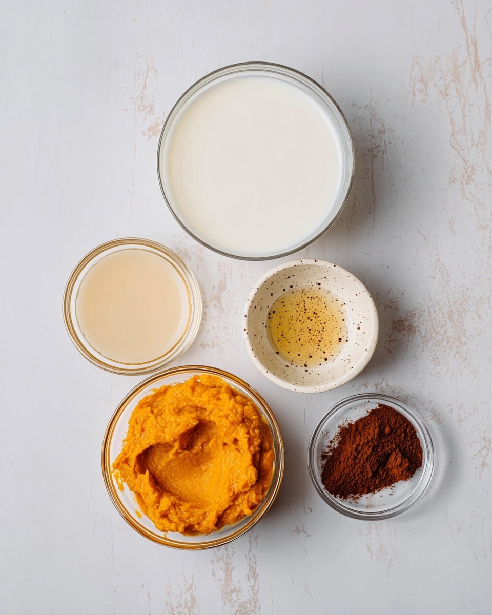 Five small bowls with different ingredients are placed on a white marbled surface. The largest bowl at the top center holds a smooth white liquid. Below it, on the left side, is a glass bowl with a light beige liquid. Next to it at the bottom center is a glass bowl with thick bright orange pumpkin puree. To the right of the puree is a small white bowl with specks of black in a transparent amber liquid. At the far right, a small glass bowl contains a heap of dark brown powder. The arrangement forms a loose circle, and the photo was taken with an iphone --ar 4:5 --v 7