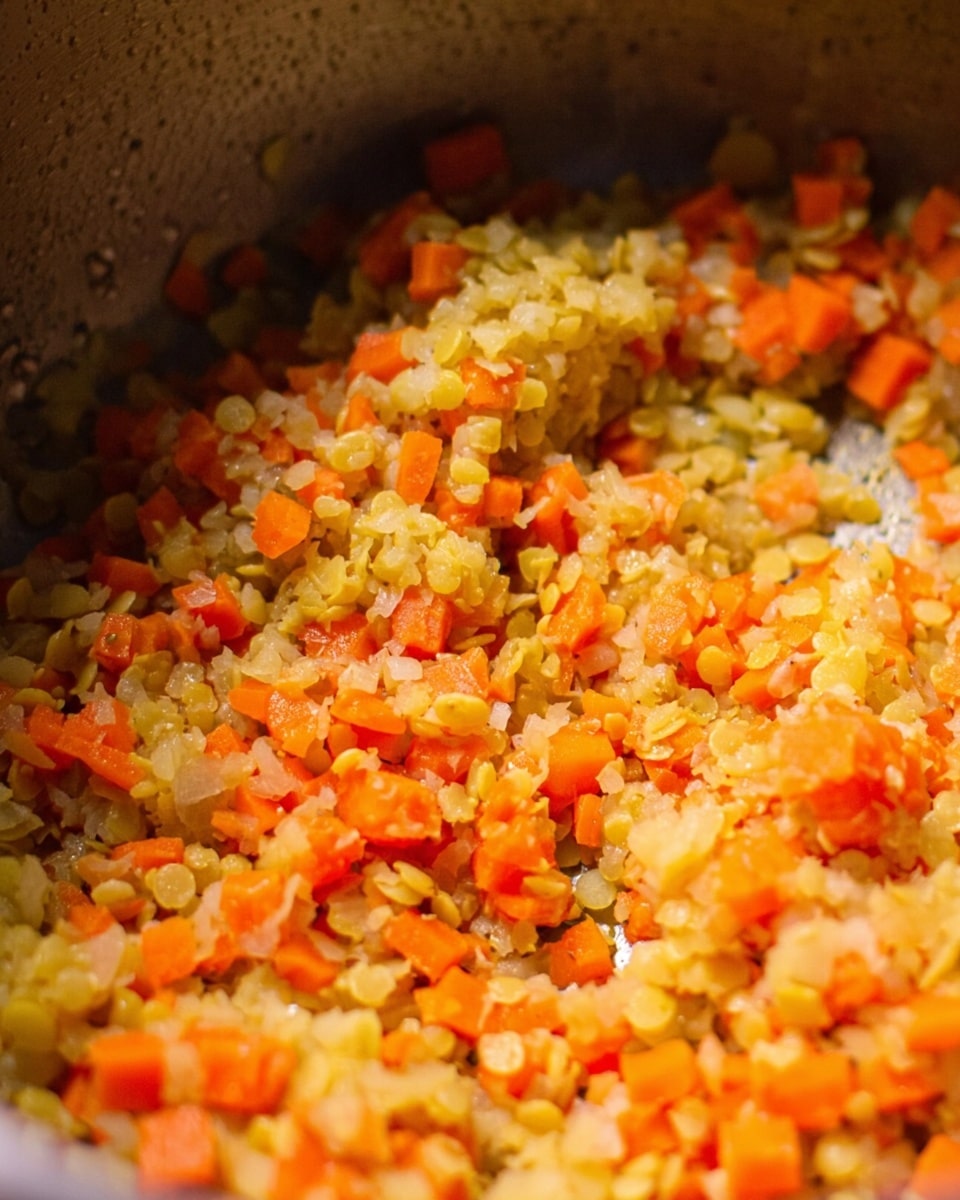 A close-up view of finely chopped cooked vegetables in a metal pot, showing small pieces of orange carrots and translucent light yellow onions mixed with pale yellow cooked lentils or split peas, all evenly distributed throughout the pot. The texture looks soft and slightly moist. The background shows the shiny, metallic inner surface of the pot with some food bits stuck on the sides. The colors are warm and natural, with a focus on the mix of orange and yellow tones against the dull metallic pot surface. photo taken with an iphone --ar 4:5 --v 7