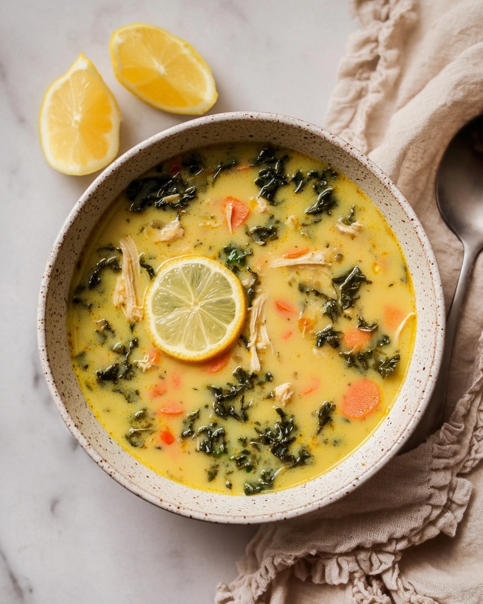 A white speckled bowl holds a thick, yellow soup with visible layers of green kale leaves, small orange carrot pieces, and bits of beige chicken spread evenly throughout. A bright yellow lemon wedge rests on top of the soup near the edge of the bowl. The bowl sits on a white marbled surface with two lemon wedges placed loosely nearby and a light beige cloth with ruffled edges to the side. The overall look is warm and inviting, with soft natural lighting highlighting the textures. photo taken with an iphone --ar 4:5 --v 7