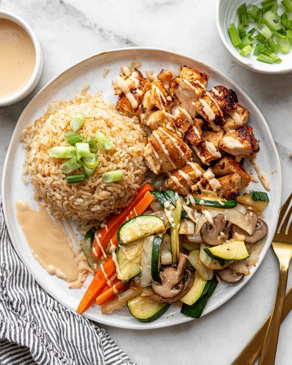 A white round plate on a white marbled surface holds a colorful, well-arranged meal. On the left side, a dome-shaped mound of light brown fried rice is topped with light green sliced scallions and drizzled lightly with a creamy beige sauce. To the right of the rice, there is a pile of chopped grilled chicken pieces with a golden-brown, crispy skin. Below the chicken, stir-fried vegetables including carrot sticks, zucchini sticks, mushroom slices, and white onion pieces add a mix of orange, green, brown, and white colors. The vegetables are also lightly drizzled with the creamy beige sauce. A small pool of sauce sits at the base of the rice, and a white bowl with more green scallions cut diagonally is partially visible in the upper right corner. Gold-colored fork and knife rest on the right side of the plate, and a striped cloth napkin is near the bottom left. Photo taken with an iphone --ar 4:5 --v 7