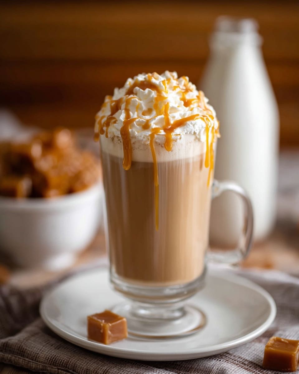 A tall clear glass filled with light brown coffee sits on a white plate. On top of the coffee is a thick layer of white whipped cream, which is drizzled with golden caramel sauce. In the blurry background, there is a white bottle and a white bowl filled with caramel pieces on a wooden surface. The scene has warm, cozy lighting. Photo taken with an iphone --ar 4:5 --v 7