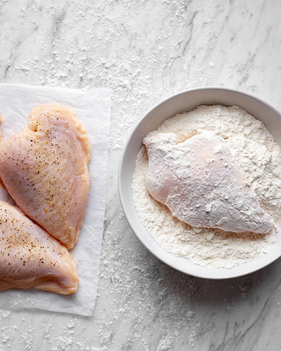 Two raw chicken pieces with light pink color and black pepper are placed on white paper on the left side of a white marbled surface. On the right, one raw chicken piece is covered in white flour and lying in a white bowl filled with flour. The flour looks soft and powdery, covering the chicken evenly. The white marbled surface adds a clean and bright background. photo taken with an iphone --ar 4:5 --v 7