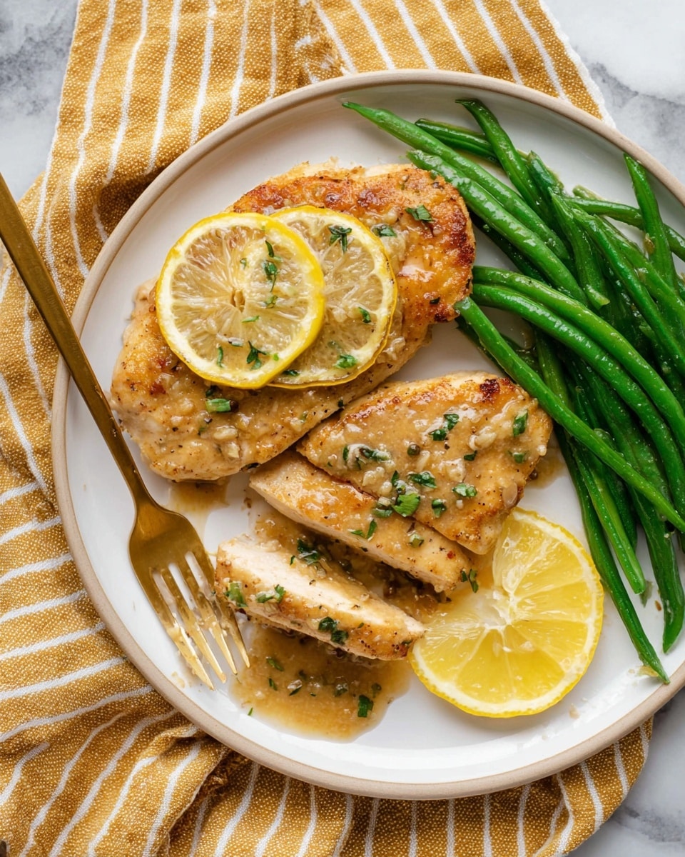 A white round plate holds two pieces of golden brown cooked chicken topped with light brown sauce and small green herb bits. One chicken piece is whole with a lemon wedge placed on top, while the other piece is sliced into three narrower strips with another lemon wedge on top. To the right side of the plate, there is a small bunch of bright green cooked green beans. A slice of lemon rests near the top edge of the plate. A gold fork lies on the bottom left of the plate with a small piece of chicken held on its prongs. The plate is placed on a mustard yellow and white striped cloth, with a white marbled surface beneath. Photo taken with an iphone --ar 4:5 --v 7
