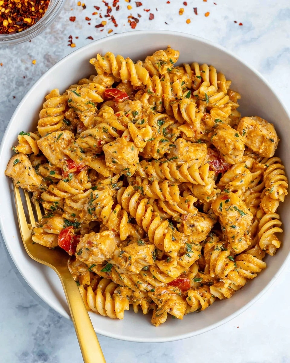 A white bowl filled with rotini pasta mixed with chunks of cooked chicken and bits of red bell pepper, all coated in a creamy, orange-colored sauce with visible green herbs. The pasta spirals are well-coated and intertwined with the chicken pieces, which have a slightly browned surface, and the red pepper pieces add small bright spots of color. A gold fork rests on the side of the bowl, with its tines stuck into the pasta, all placed on a white marbled surface sprinkled with red chili flakes. Photo taken with an iphone --ar 4:5 --v 7