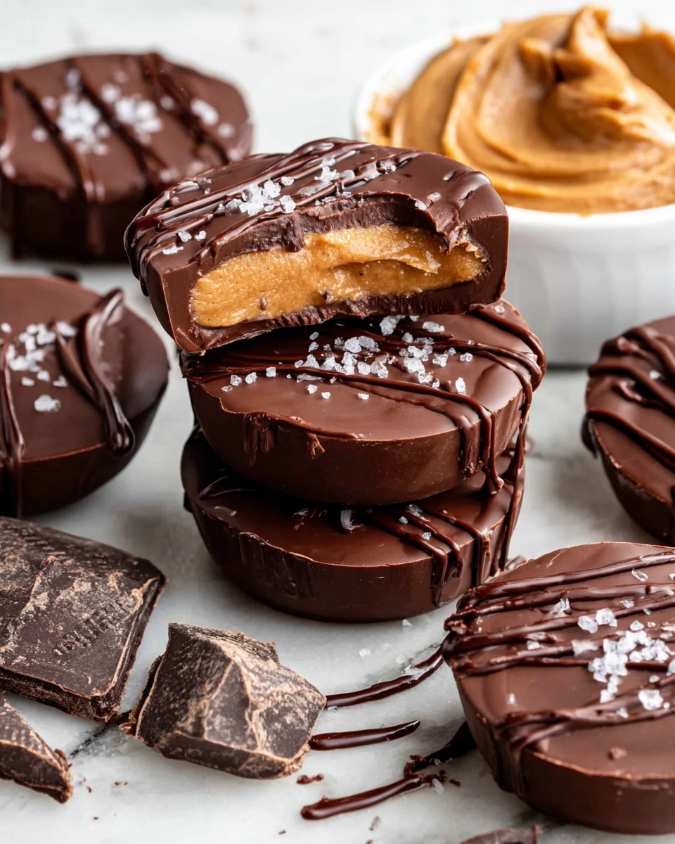 The image shows several round chocolate peanut butter cups on a white marbled surface. Each cup has two shiny dark chocolate layers sandwiching a thick, smooth, light brown peanut butter filling in the middle. One cup is stacked on top of another with the top one broken in half, revealing the peanut butter center. Some cups have light salt flakes sprinkled on top and thin lines of chocolate drizzled over them. Around the cups are broken pieces of dark chocolate and a white bowl filled with more smooth peanut butter, slightly scooped. The overall look is rich and smooth with a mix of dark brown chocolate and creamy peanut butter colors. photo taken with an iphone --ar 4:5 --v 7
