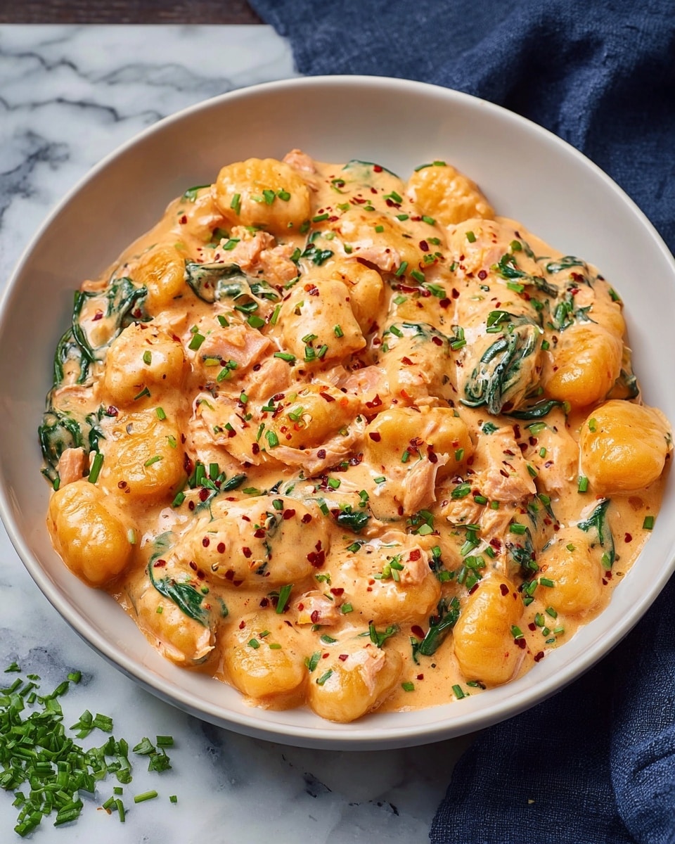 A white bowl filled with soft, orange-colored gnocchi covered in a creamy sauce, flecked with chopped green herbs and small bits of pink salmon. The gnocchi pieces are round and bumpy, evenly mixed with wilted green spinach leaves that peek through the sauce. The sauce looks thick and rich, coating every piece with a smooth, light orange layer that has tiny red chili flakes scattered on top. The bowl is set on a surface with a white marbled texture, and a navy blue cloth is partially visible in the background. Photo taken with an iphone --ar 4:5 --v 7