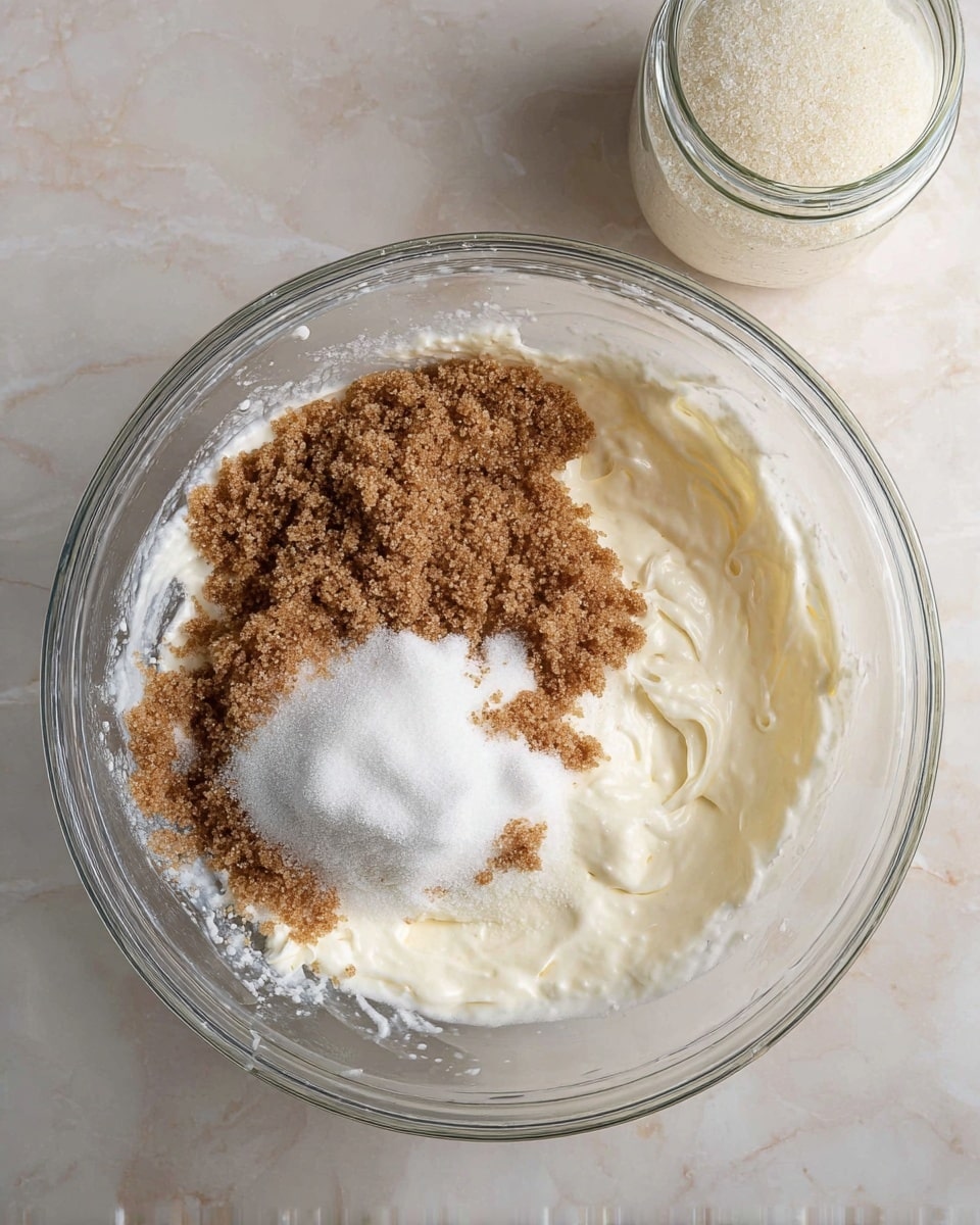 A clear glass mixing bowl filled with a thick creamy white base, with granules of light brown sugar and fine white sugar piled on top in a loose mound on one side of the bowl, showing a contrast between the smooth creamy texture and the coarse sugar crystals. The bowl sits on a white marbled surface with a small glass jar filled with white granules in the top right corner of the image. The photo taken with an iphone --ar 4:5 --v 7