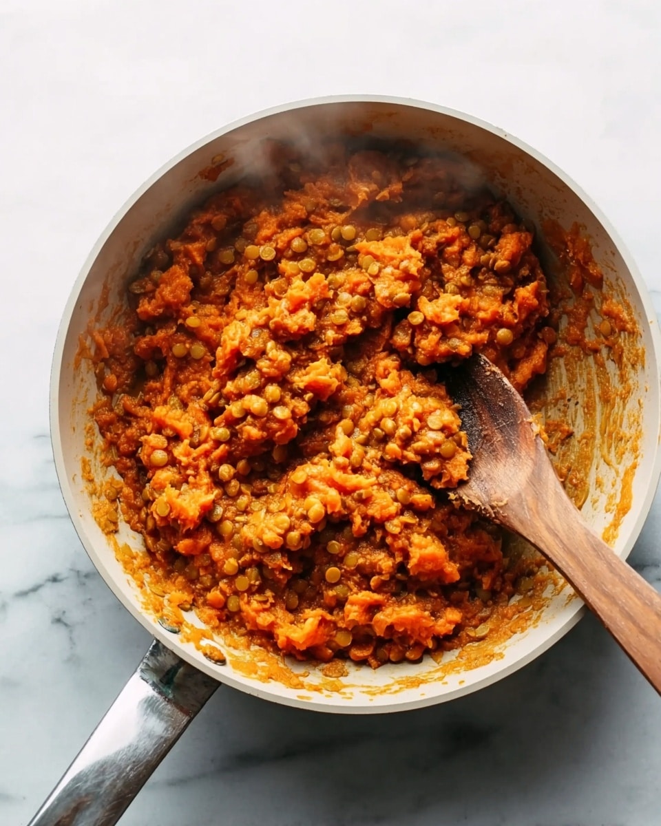 A white pan filled with a thick mix of cooked lentils and orange mashed vegetables, mostly spread across the bottom and sides of the pan. The mixture has a slightly chunky texture with visible pieces of lentils and soft vegetable bits. A wooden spoon is resting inside the pan on the right side, partially covered with the mixture. The pan is placed on a white marbled surface. Steam is rising slightly from the food, showing it is hot. Photo taken with an iphone --ar 4:5 --v 7