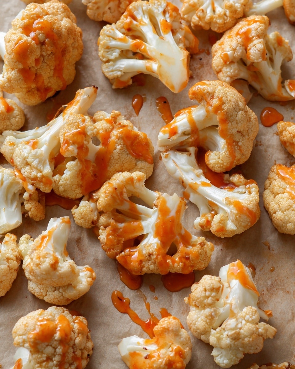 This image shows many pieces of cauliflower spread out on a baking paper with a light brown color. Each cauliflower piece is coated with a thin layer of bright orange sauce, which is drizzled unevenly across the surface, creating a shiny texture on the white and cream-colored cauliflower. The florets are placed randomly but cover most of the baking paper, with visible stems and curvy tops. The photo is sharp with a close-up view, highlighting the texture and moistness of the sauce on the cauliflower. Photo taken with an iphone --ar 4:5 --v 7