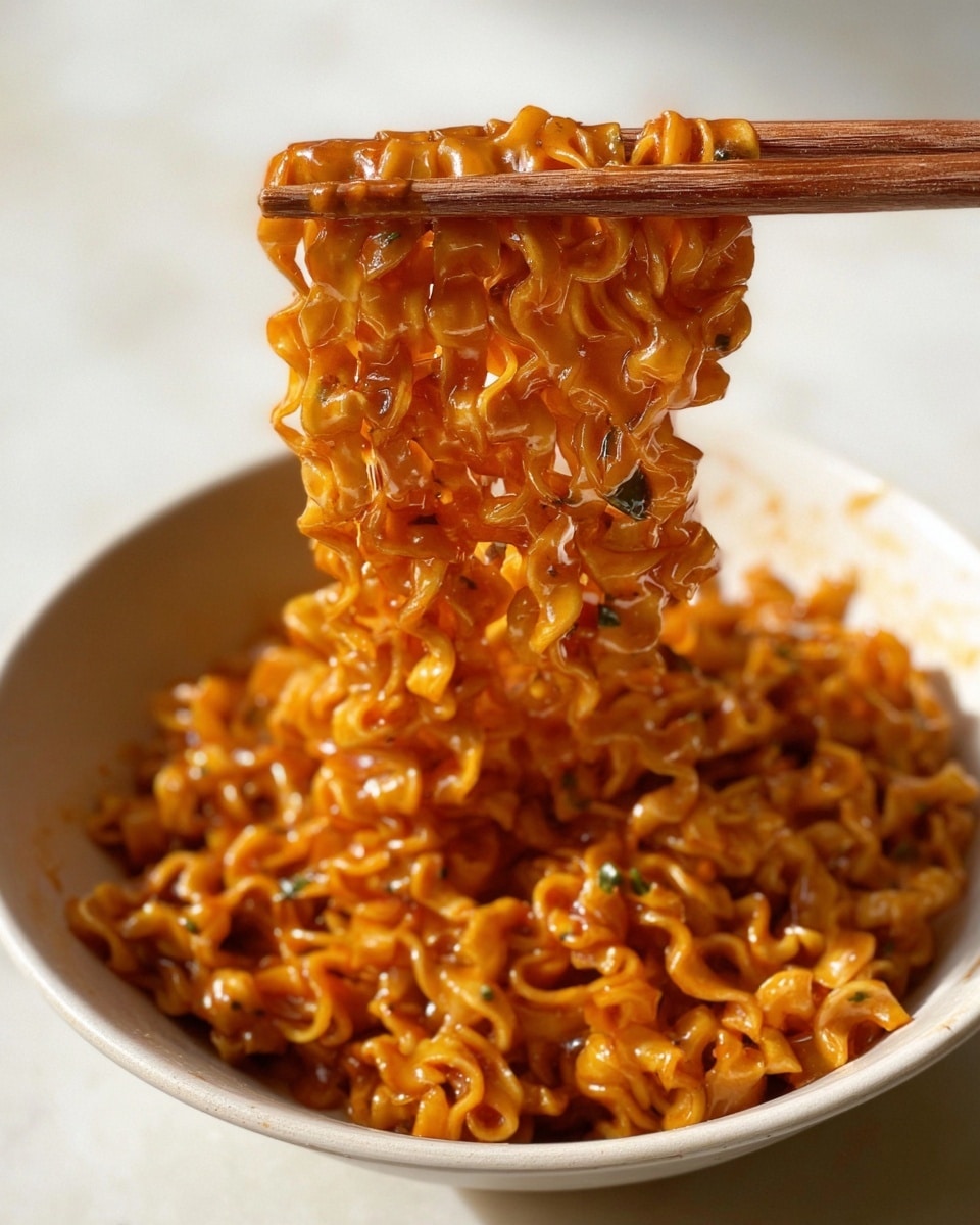 A close-up view of wavy, curly noodles coated evenly in a shiny, thick orange-red sauce with small bits of herbs and spices visible, held up by wooden chopsticks above a white bowl filled with the same sauced noodles. The noodles have a textured surface with folds and ridges catching the light, showing the sauce's glistening, slightly oily finish. The background is simple and unobtrusive with soft lighting, highlighting the rich color and texture of the noodles and sauce, all placed on a white marbled surface. photo taken with an iphone --ar 4:5 --v 7