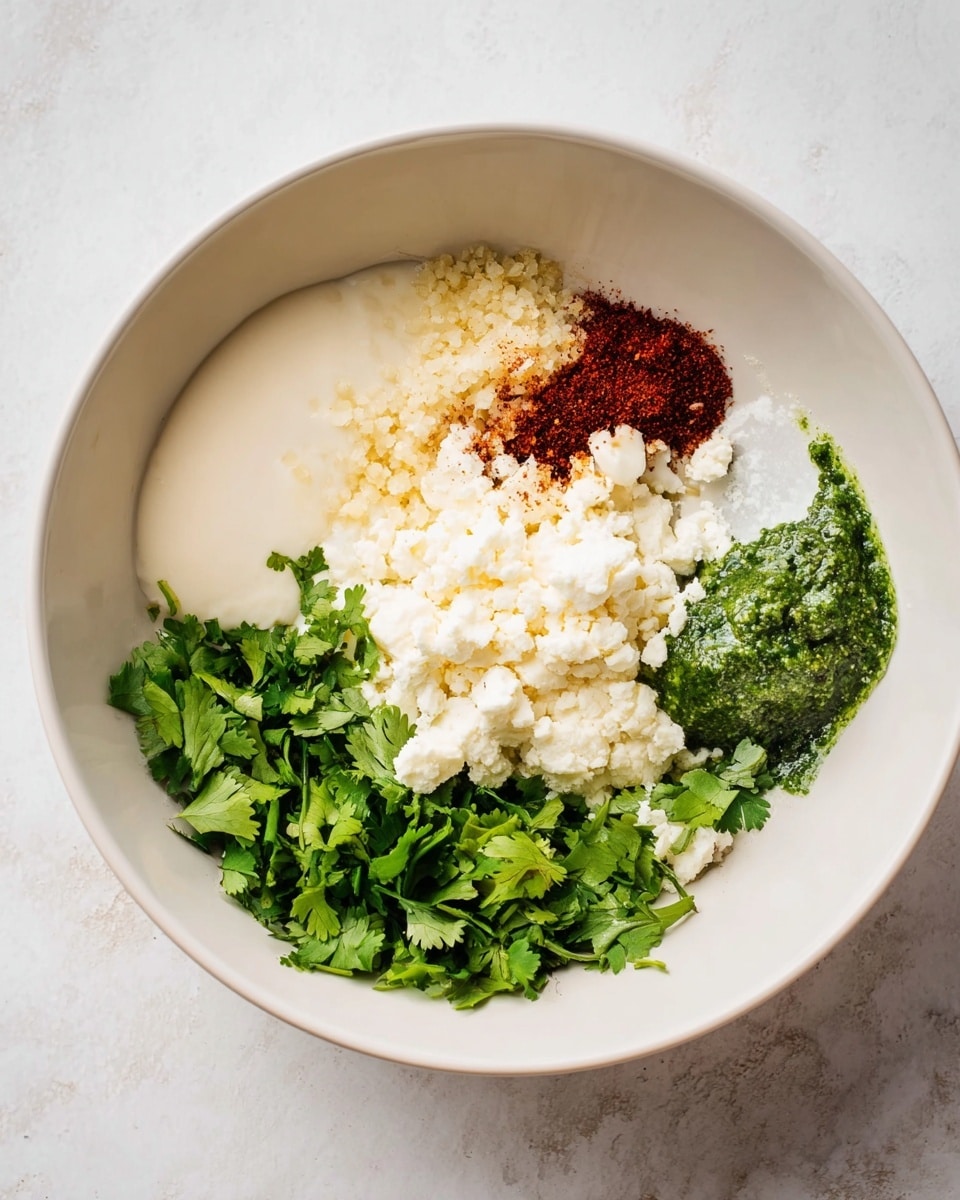 A white bowl sits on a white marbled surface, holding six distinct layers of ingredients arranged in a semicircle. Starting from the top left, there is a smooth, creamy off-white layer followed by a small mound of finely chopped garlic with a light beige color. Next to it is a mound of dark red chili powder, then a large pile of crumbly white cheese with small uneven chunks. Below the cheese, fresh, bright green chopped cilantro spreads across the bowl, and to the left of it, a darker green sauce or paste completes the semicircle. The mixture appears fresh and ready to be combined. Photo taken with an iphone --ar 4:5 --v 7