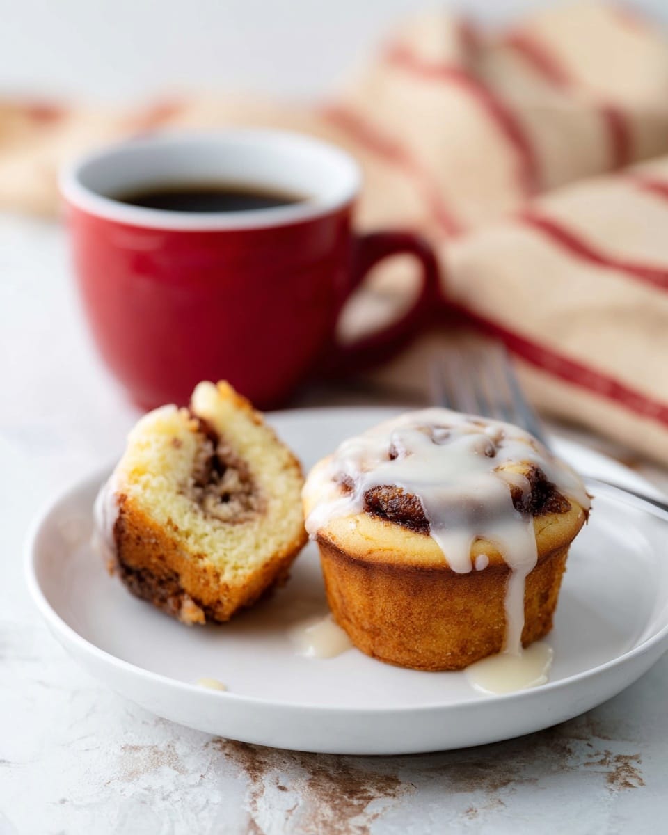 A white plate with a cinnamon roll muffin in the front right, showing two layers: a light golden brown cake base and a darker cinnamon swirl in the middle, topped with white icing that drizzles down the sides. To the left of the muffin, a half piece of the cinnamon roll muffin reveals a darker cinnamon filling inside the golden cake. In the back center of the plate, there is a small red cup filled with black coffee. The scene is set on a white marbled texture surface, with a soft-focus beige and red striped cloth in the background. Photo taken with an iphone --ar 4:5 --v 7