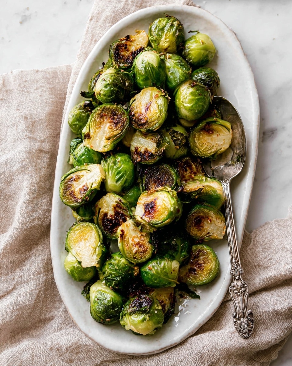 The dish shows many roasted Brussels sprouts, cut in half, placed in a single layer on an oval white plate. The Brussels sprouts have a bright green outer layer with some brown crispy char marks on the tops, showing a slight caramelized texture. The plate sits on a soft beige cloth, all placed on a white marbled surface. A vintage silver spoon with intricate designs is placed inside the plate, partially under the Brussels sprouts. The overall look is warm and rustic. photo taken with an iphone --ar 4:5 --v 7