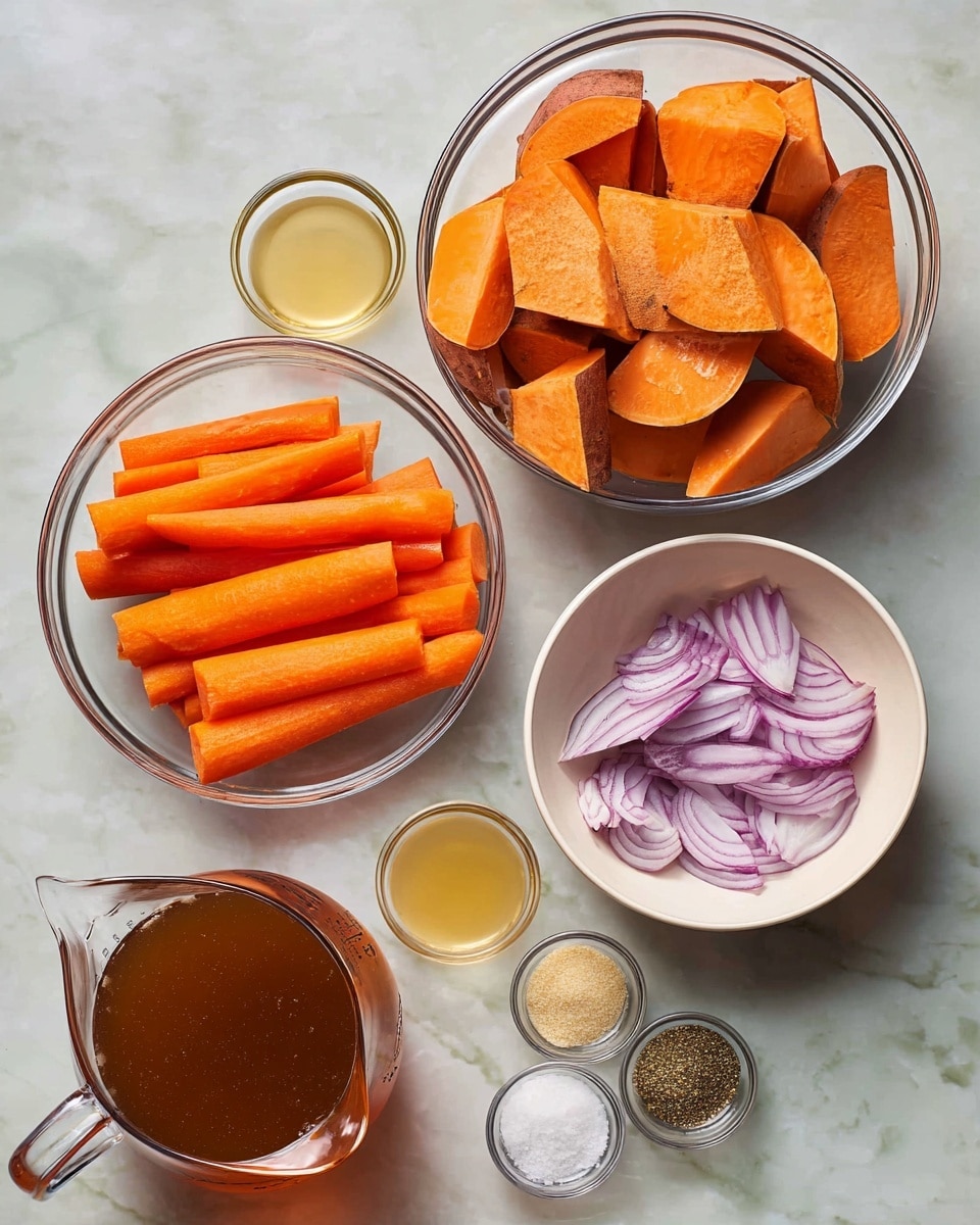 The image shows a top view of several clear glass bowls and small white bowls arranged on a white marbled surface. One large clear bowl is filled with thick pieces of raw orange sweet potatoes with skin on. Below it, another clear bowl holds whole peeled baby carrots, bright orange and smooth. To the right, a small white bowl is filled with slivered purple and white onions. Next to it are four tiny bowls in a vertical line: one with light brown liquid, one with clear light yellow liquid, one with fine beige powder, and two small clear bowls containing white salt crystals and coarse black pepper. At the bottom right, a large clear measuring jug holds a dark amber liquid, likely broth or stock. Photo taken with an iphone --ar 4:5 --v 7