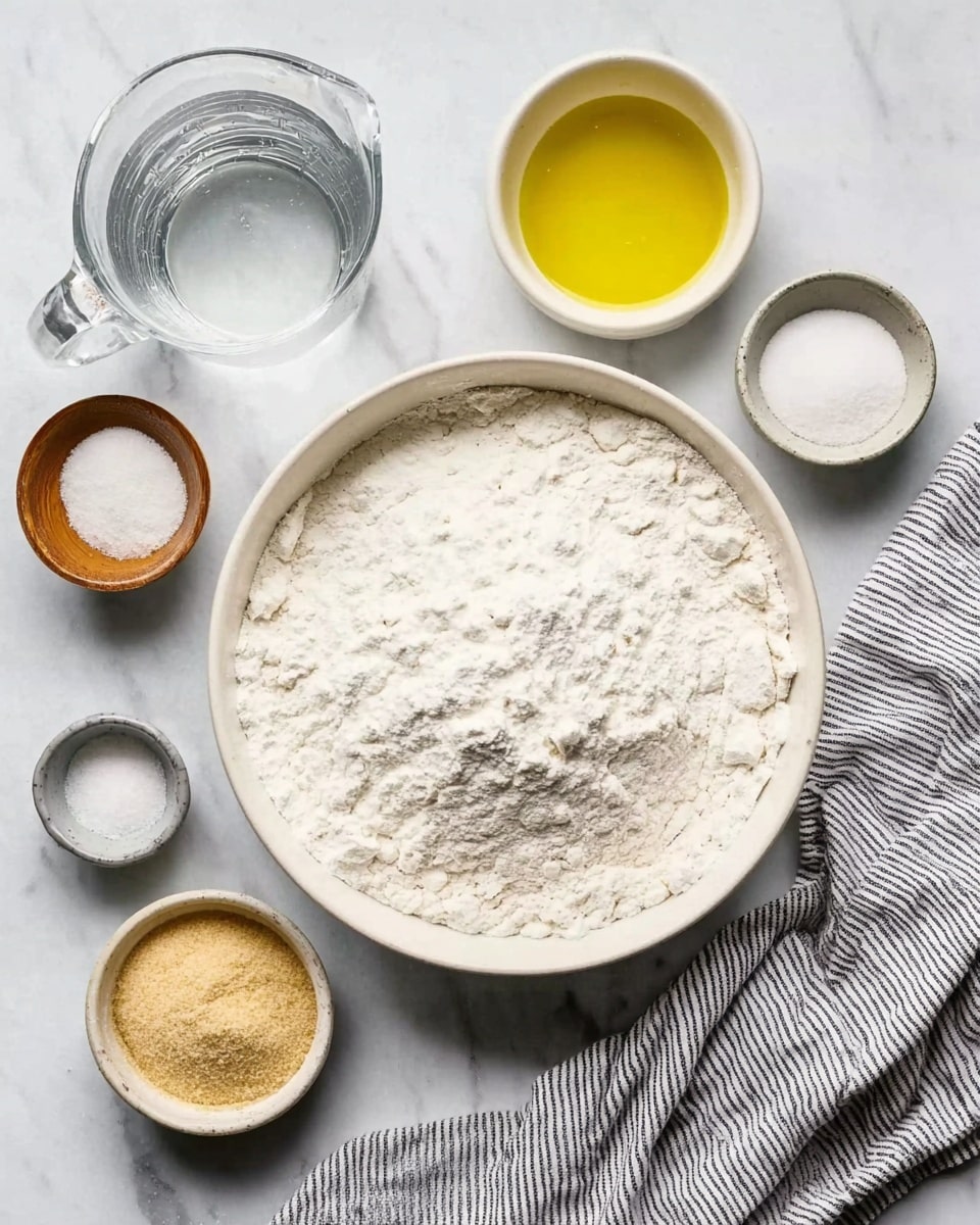 A large white bowl filled with white flour sits in the center on a white marbled surface. Surrounding it are four small round bowls: one with yellow olive oil, one with white salt, one with light brown dry yeast, and another with white sugar. To the left, there is a clear glass measuring cup with water. A gray and white striped cloth is placed near the bowls on the surface. The photo taken with an iphone --ar 4:5 --v 7