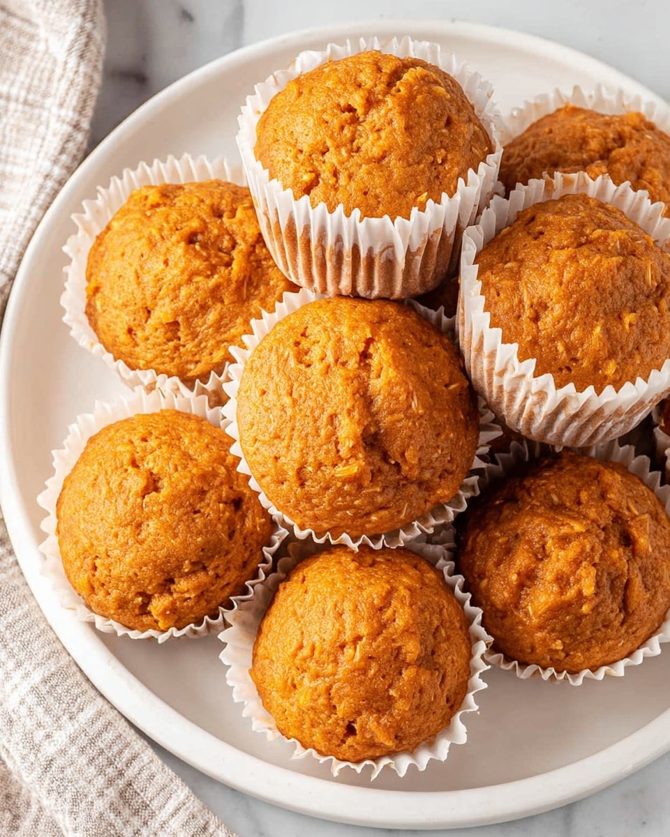 A white plate holds ten soft, round orange-brown muffins arranged closely together, each sitting in a white, ridged paper baking cup with crinkled edges. The muffins have a slightly rough texture with small visible specks throughout, suggesting ingredients like oats or nuts. The plate is placed on a white marbled surface, with a corner of a light-colored, checkered cloth visible at the bottom left side of the image. The lighting is even, showing the muffins’ warm, baked color clearly. photo taken with an iphone --ar 4:5 --v 7