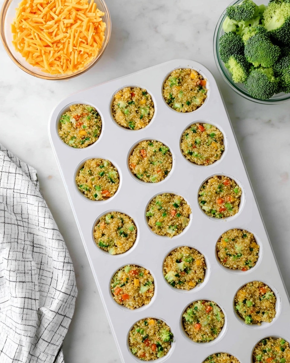 A white muffin tray filled with 18 round quinoa mixtures, each evenly pressed down and showing small bits of green broccoli, orange carrot, and yellow cheese, creating a colorful and textured appearance. The tray is placed on a white marbled surface, with a clear glass bowl of fresh broccoli florets and a clear glass bowl of shredded orange cheese positioned in the upper background. A white cloth with a gray grid pattern is partially visible to the left side of the muffin tray. Photo taken with an iphone --ar 4:5 --v 7