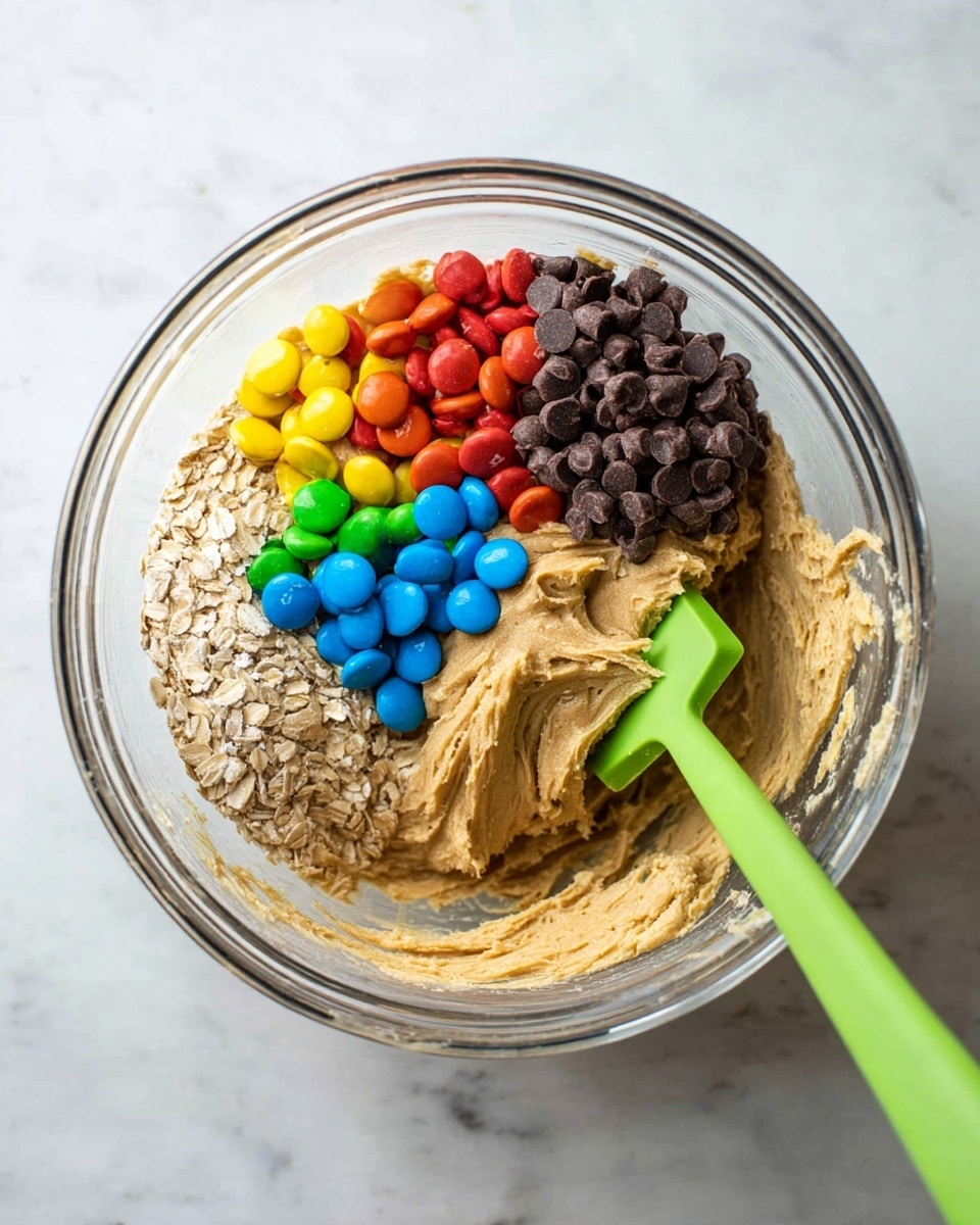A clear glass bowl on a white marbled surface holds four layers of ingredients. The bottom layer is smooth and creamy light brown dough filling about half of the bowl. On top, there are four separate piles: a yellow, red, blue, green, and orange candy layer clustered together to the left; a pale beige oat layer at the top left; a dark brown chocolate chip layer next to the oats on the top right; and partially mixed dough forming the base on the right side. A green silicone spatula rests inside the bowl. Photo taken with an iphone --ar 4:5 --v 7