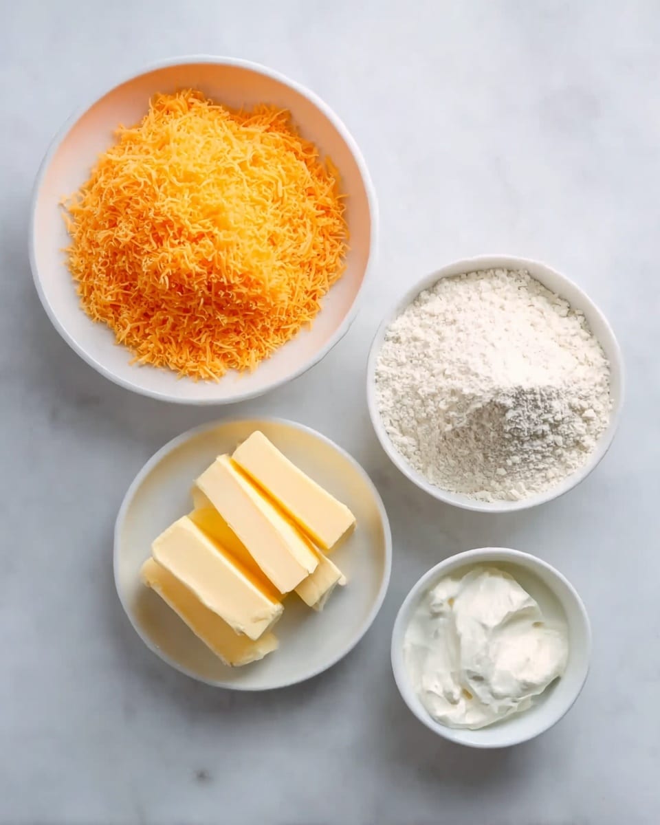 The image shows four small white bowls on a white marbled surface. The top left bowl is filled with bright orange finely shredded cheese, forming a soft, fluffy heap. To its right, a bowl contains white flour, looking powdery and smooth. Below the shredded cheese, a smaller bowl holds several pale yellow rectangular slices of butter arranged neatly in a row. To the lower right, a small bowl has a white creamy substance with a slightly thick texture. The arrangement is tidy, with each bowl clearly visible and separated. photo taken with an iphone --ar 4:5 --v 7