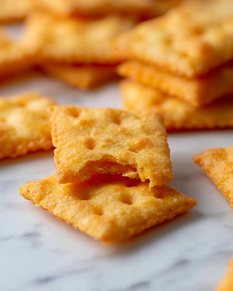 The image shows a close-up of several golden-orange square crackers scattered on a white marbled surface. The crackers have a slightly rough texture with small holes visible on the top layers, and one cracker in the center is broken, revealing thin, flaky layers inside with a crisp, crumbly texture. The background is softly blurred, highlighting the crisp edges and light, crunchy appearance of the crackers in the foreground. photo taken with an iphone --ar 4:5 --v 7
