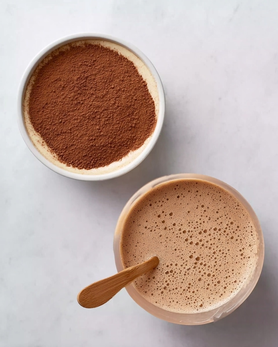 The image shows a top-down view of two white bowls on a white marbled surface. The bowl on the left contains a creamy mixture topped evenly with a layer of fine brown powder, mostly covering the surface with a few small gaps around the edges, and it has a light wooden spoon resting on the right side of the bowl. The bowl on the right has a light brown, frothy liquid with many small bubbles visible, filling almost to the top. Both bowls have a simple, clean look, highlighted by the white marbled background and soft natural light. photo taken with an iphone --ar 4:5 --v 7