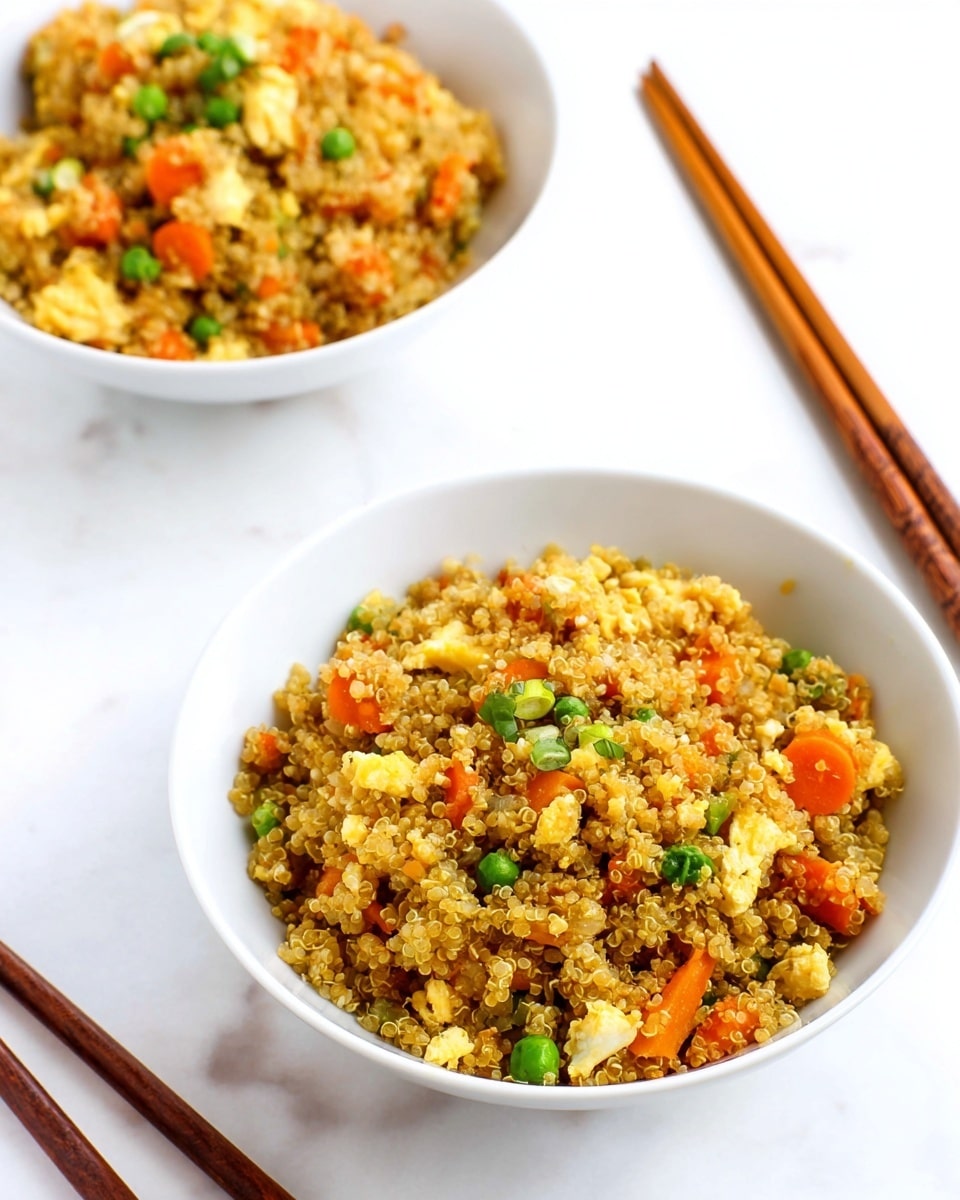 Two white bowls filled with fried quinoa sit on a white marbled surface. Each bowl holds three main layers: a base of fluffy, light golden-brown quinoa, mixed throughout with small pieces of bright orange carrots and green peas, and scattered bits of soft scrambled egg with a pale yellow color, plus translucent cooked onions adding a light texture. Resting beside each bowl are a pair of wooden chopsticks with a natural wood texture. The focus is on the bowl at the front, with the second bowl slightly blurred in the background. Photo taken with an iphone --ar 4:5 --v 7