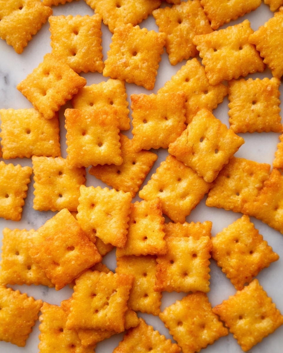 A close-up view of many small, square crackers with ridged edges, scattered randomly on a white marbled surface. The crackers are golden yellow to light orange in color, with a slightly rough texture and small holes in the center of each. Some crackers have a light crispy look, while others show a bit more of a toasted, darker golden tone. The overall scene focuses tightly on the crackers, showing their uniform size and shapes clearly. photo taken with an iphone --ar 4:5 --v 7