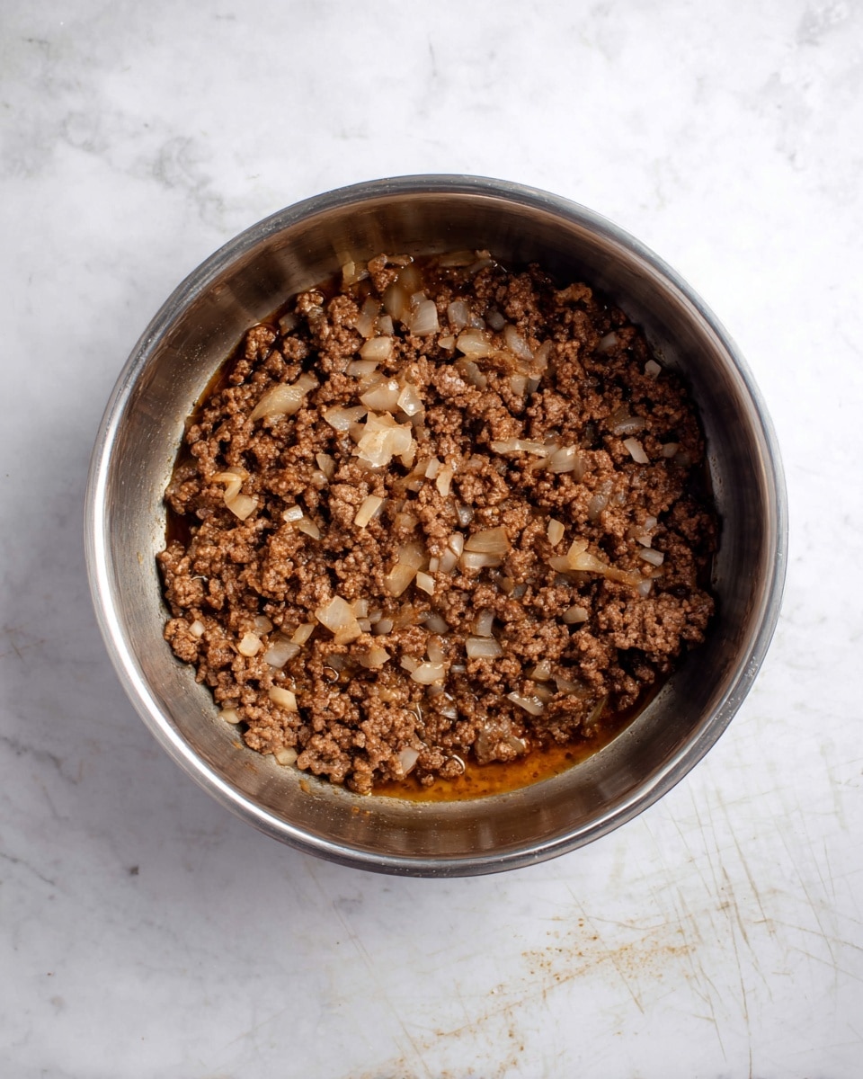 A top view of a metal cooking pot filled with one layer of cooked ground beef mixed with small pieces of cooked onions, showing some brown juice pooling in one side. The pot is placed on a white marbled surface with faint scratches and marks. photo taken with an iphone --ar 4:5 --v 7