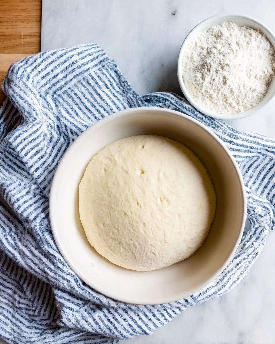 The image shows a white bowl placed on a white marbled surface with a soft dough inside, which is round and smooth with small bubbles on the surface. A blue and white striped cloth is draped around the edge of the bowl on one side. Next to the bowl, there is a small white bowl filled with flour. The photo has a clean, bright look, with natural light highlighting the dough's soft texture. photo taken with an iphone --ar 4:5 --v 7