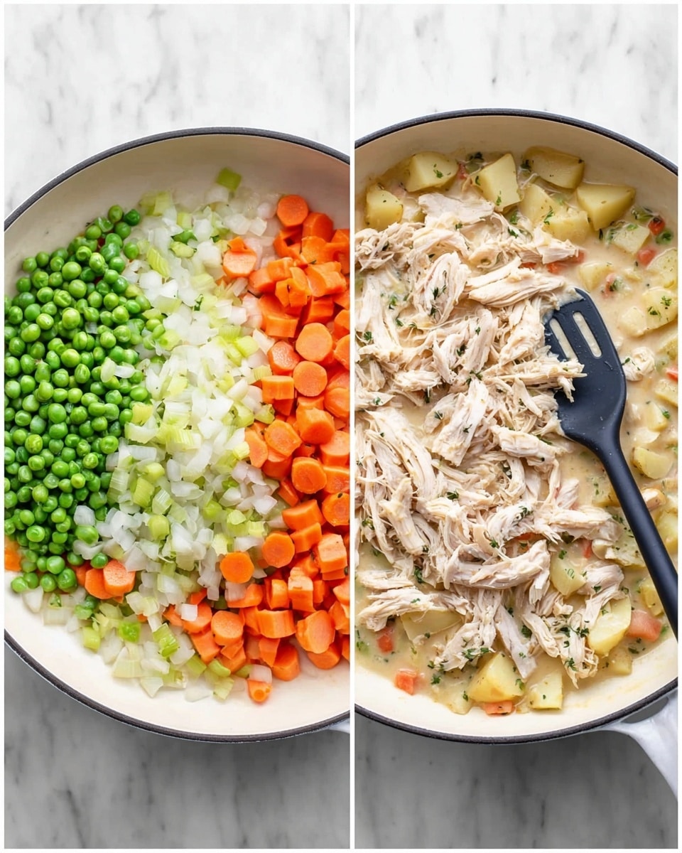 The first image shows a white pan filled with three layers of ingredients: the bottom layer is a mix of finely chopped white onions, bright orange carrot slices, and light green celery pieces. A black spatula rests inside the pan on the right side. The second image shows the same white pan with four layers: the bottom layer is a light beige creamy sauce with chunks of light yellow potatoes and bits of carrot and celery from the first image, the next layer is a large pile of shredded pale cooked chicken covering the center and right side, the top left side is covered with small bright green peas, and the black spatula is again positioned on the right side of the pan, resting inside the contents. Both images are set on a white marbled surface. photo taken with an iphone --ar 4:5 --v 7