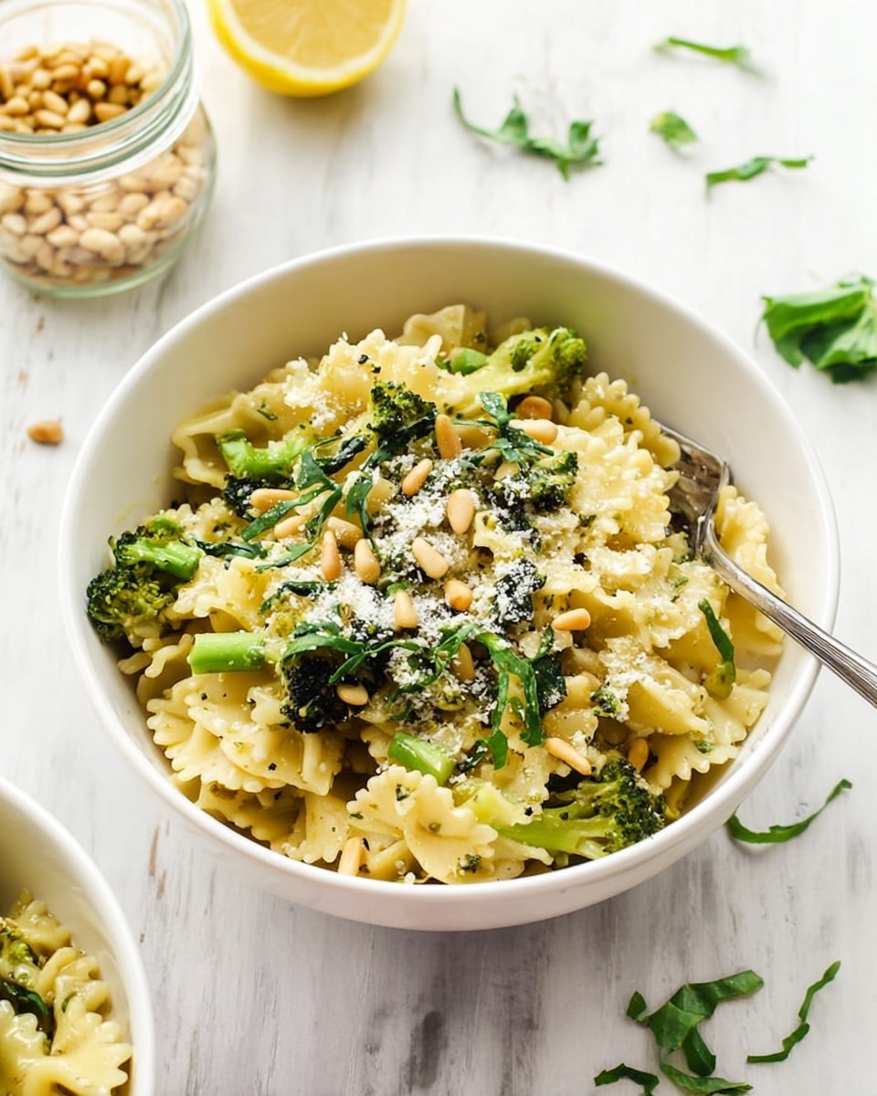 A white bowl filled with pasta that has curly edges and is light yellow. On top, there are small green broccoli pieces and thin strips of dark green leafy herbs. Light beige pine nuts are scattered over the pasta, along with a sprinkling of fine white grated cheese. A metal spoon is partially inside the bowl. In the background, there is a small glass jar filled with pine nuts and a half lemon with the inside visible. The setting is a white marbled surface with a few scattered leafy herb pieces. photo taken with an iphone --ar 4:5 --v 7