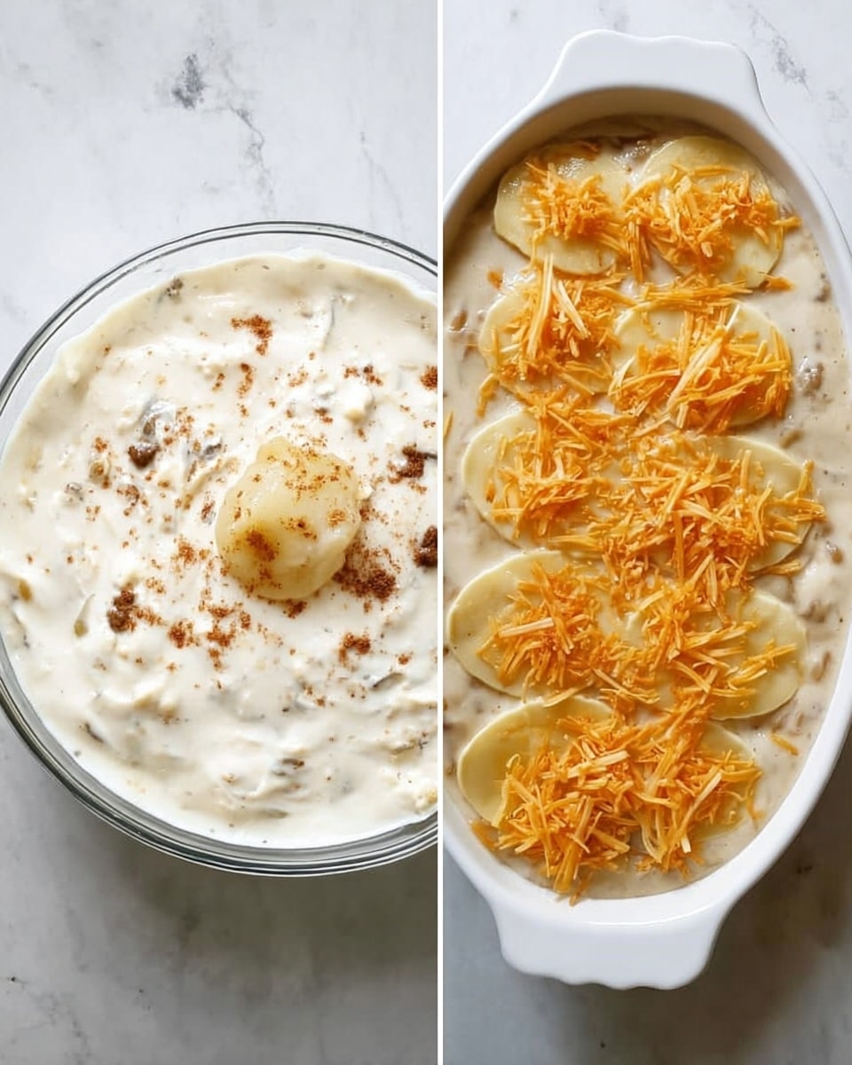 The image on the left shows a clear glass bowl filled with a creamy white mixture topped with a dollop of smooth pale yellow sauce and sprinkled with small bits of browned spices on the surface. The background is a white marbled texture. The right side image displays a white oval dish filled with a light creamy beige sauce. On top, there are evenly placed circular layers of thin pasta sheets covered with more sauce, and the top is sprinkled with shredded orange-yellow cheese. The background is a white marbled texture. Photo taken with an iphone --ar 4:5 --v 7
