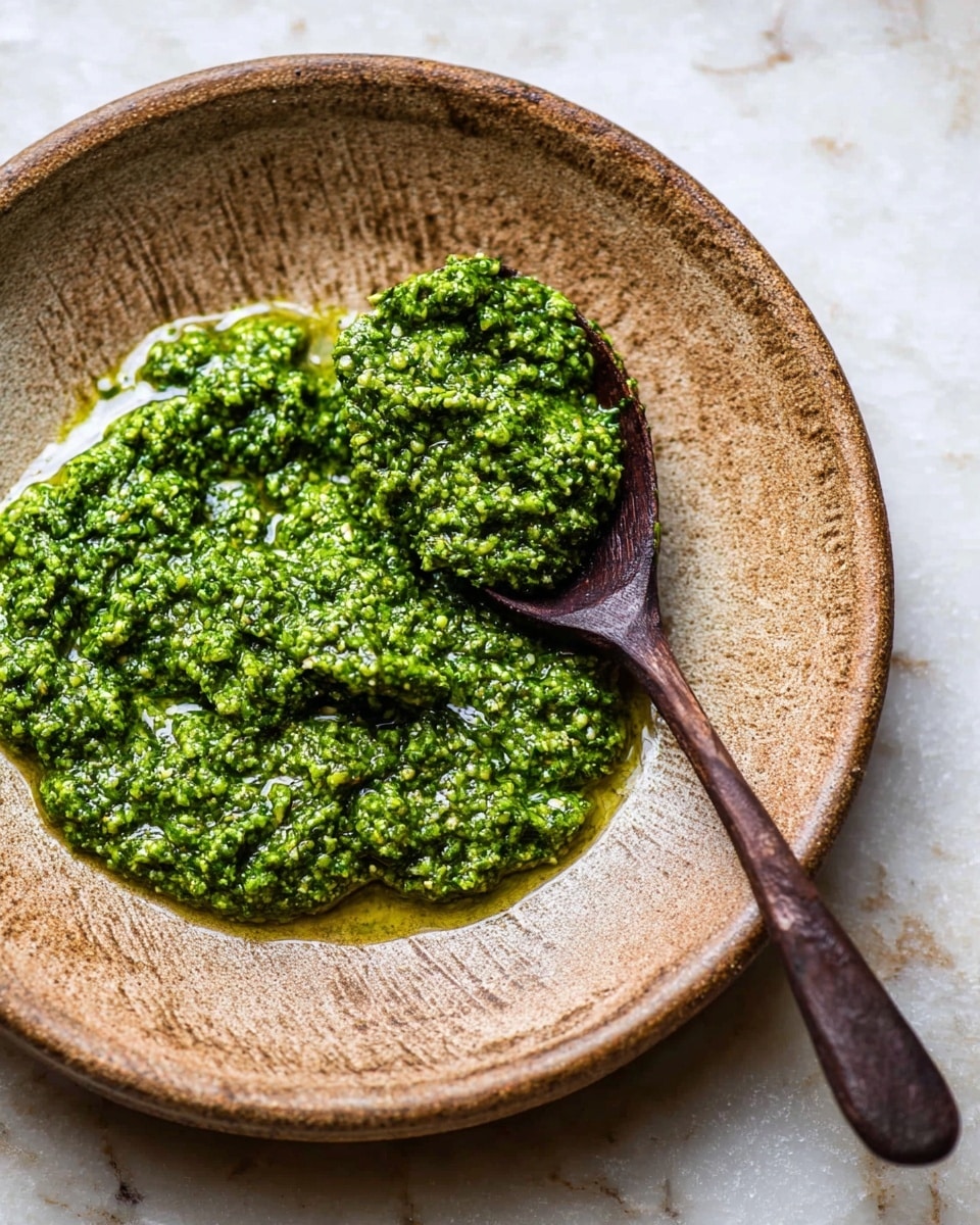 A close-up view of a thick green pesto sauce with a coarse texture, spread on a white plate with an earthy brown tone. The pesto is shiny and unevenly spread across the center of the plate, with a dark wooden spoon resting on the right side holding a small scoop of the sauce. The background is a white marbled surface, adding a clean but warm contrast to the dish. Photo taken with an iphone --ar 4:5 --v 7