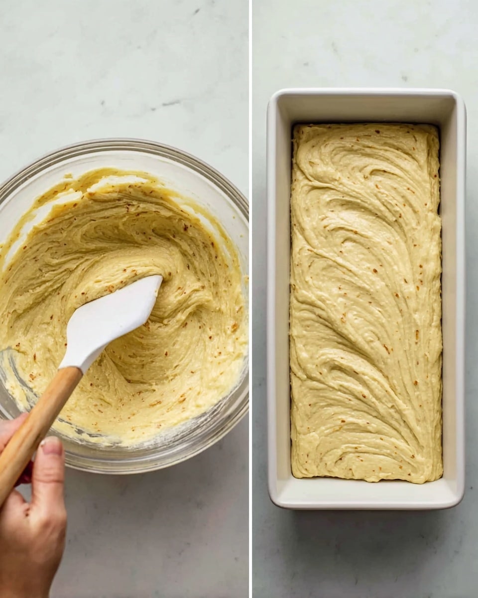 The image shows two parts of a baking process. On the left, a clear glass bowl holds a thick, pale yellow batter with small brown bits, swirled smoothly. A white spatula with a wooden handle is partially inside the batter, held by a woman's hand, giving a sense of mixing or spreading. On the right, the same batter is evenly spread into a white rectangular baking pan with soft swirls on the surface. Both are placed on a white marbled surface, highlighting the texture and color of the batter. photo taken with an iphone --ar 4:5 --v 7
