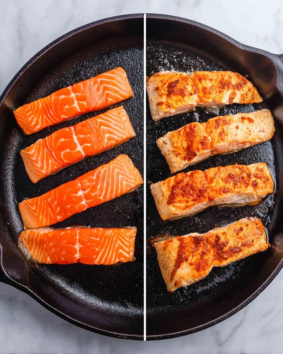 The image shows two sections of a round cast iron pan on a white marbled surface. On the left side, there are four raw salmon fillets arranged loosely, with a rich bright orange color and a smooth texture with visible white lines in the flesh. On the right side, the same four salmon fillets are cooked, placed in similar positions. Their color has changed to a light orange-pink with some browned, slightly crispy spots on top, showing a textured and flaky surface. The white marbled surface contrasts the dark pan and the vibrant salmon pieces, making the pans and fish stand out clearly. Photo taken with an iphone --ar 4:5 --v 7