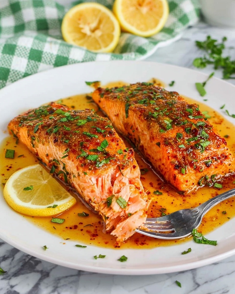Two pieces of cooked salmon with a golden-brown crust covered in a brown sauce with green herbs on top sit on a white plate. The larger salmon piece is sliced slightly, showing the pink inside, while a fork with a piece of salmon rests on the plate’s edge. A slice of lemon is placed under the salmon, and small green herbs are scattered around the plate. The plate is on a white marbled surface with a green and white checkered cloth and lemon halves in the background. Photo taken with an iphone --ar 4:5 --v 7