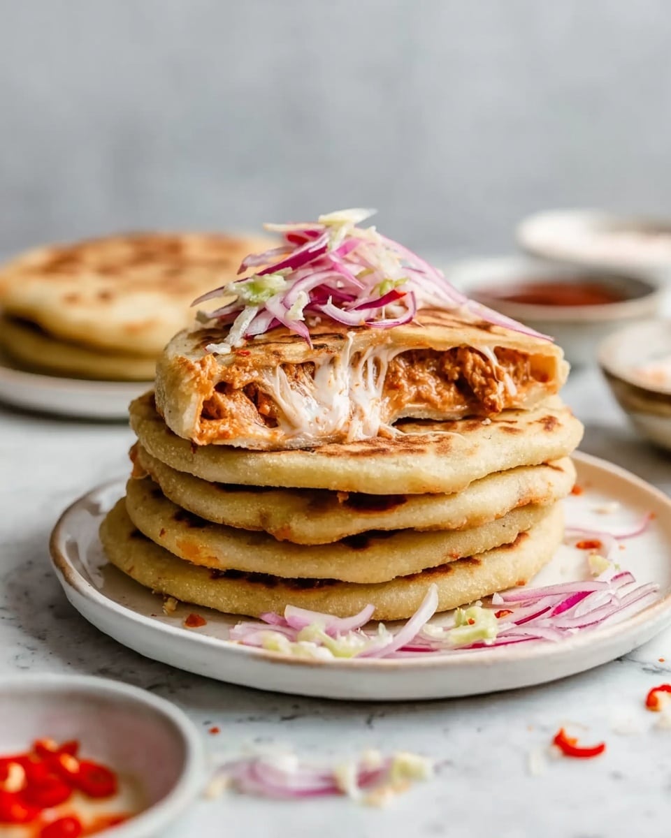 The image shows a stack of four light golden brown flatbreads on a white plate with a white marbled surface background. On top of the stack, there is a split flatbread filled with a melted, light pinkish cheese layer and light brown cooked meat. The topmost flatbread is open, revealing the gooey cheese and meat inside, with a small pile of thinly sliced red onions and red chili peppers resting on it. Some scattered thinly sliced onions and chili pieces are around the plate edges. In the blurred background, there are small bowls with red sauce and a white creamy dip, and slightly visible more stacks of flatbread. Photo taken with an iphone --ar 4:5 --v 7