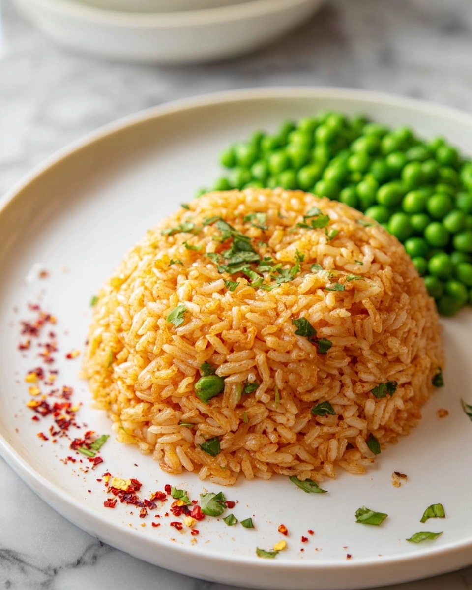 A white plate holds a dome-shaped mound of orange-colored rice mixed with small green herb pieces and tiny red flakes sprinkled on top and around the base. To the back left side of the plate, there is a pile of bright green peas placed closely together. The plate is sitting on a white marbled surface, and the photo focuses on the rice with a softly blurred background. photo taken with an iphone --ar 4:5 --v 7