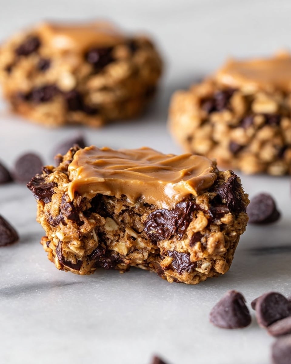 The image shows a close-up of a soft, textured oatmeal chocolate chip cookie with one bite taken out, revealing gooey dark chocolate chips inside mixed with the oatmeal base forming a rough, chunky surface. On top of the cookie, there is a smooth, shiny layer of light brown peanut butter spread thickly. In the background, there are two more cookies slightly blurred on a white marbled surface, with scattered chocolate chips around the main cookie. The lighting highlights the moist texture and rich colors. Photo taken with an iphone --ar 4:5 --v 7