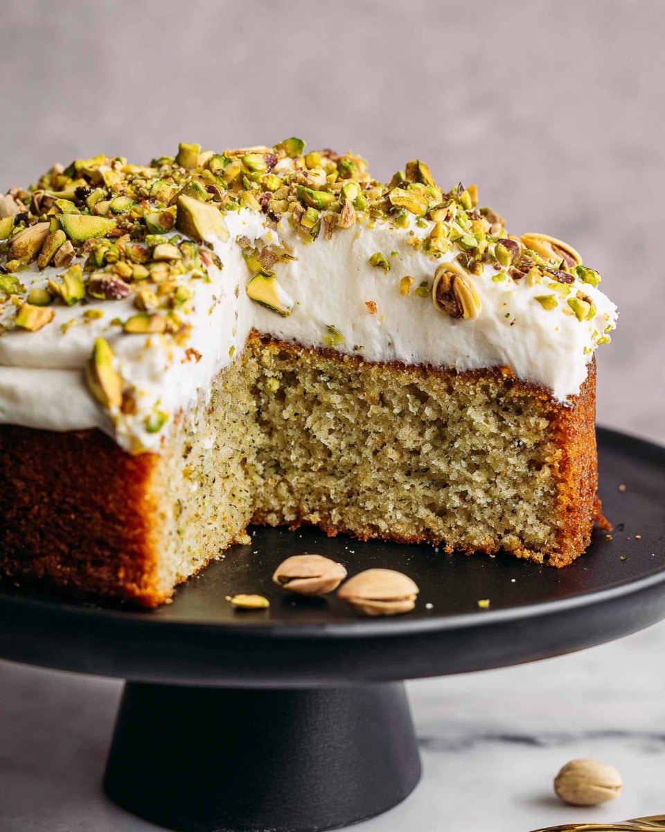 The image shows a thick cake slice on a black stand, placed on a white marbled surface. The cake has one layer with a soft, moist texture in a light greenish-brown color, topped with a thick white frosting layer that looks fluffy and smooth. The frosting is sprinkled generously with chopped nuts, mainly pistachios, adding a rough texture and green-and-brown color contrast. There are also a few whole pistachio nuts around the cake on the stand, enhancing the visual appeal. Photo taken with an iphone --ar 4:5 --v 7