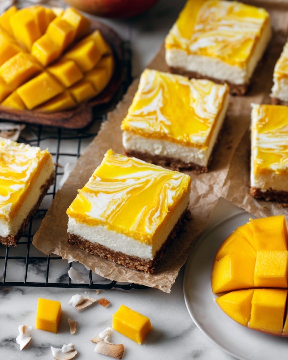 The image shows several rectangular mango swirl cheesecake bars with three visible layers: a bottom brown crumbly crust, a thick middle creamy white cheesecake layer, and a top layer with bright yellow mango swirls blending into the white cheesecake. The bars are placed on brown parchment paper over a black cooling rack. Around the bars are scattered small pieces of coconut flakes, fresh mango cubes on a white plate, and halved mangoes with bright yellow flesh on a white marbled surface. The texture of the cheesecake is smooth, with the mango swirls adding a vibrant, artistic touch. photo taken with an iphone --ar 4:5 --v 7