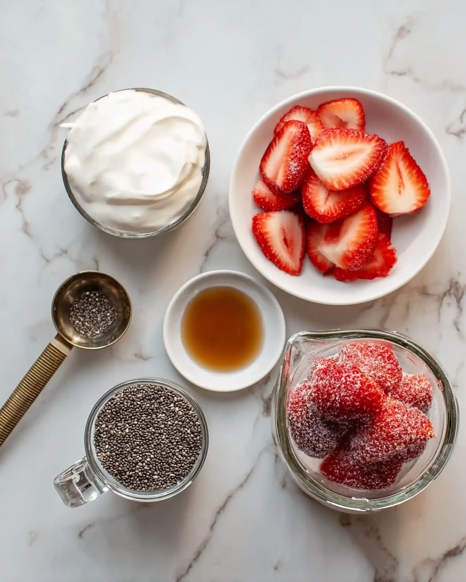 The image shows ingredients laid out on a white marbled surface. There is a scoop with white creamy yogurt, a small white bowl with sliced strawberries, a small white bowl with brown vanilla extract, a glass jar filled with black and white chia seeds, and a glass measuring cup filled with whole frozen strawberries. Each item is clearly visible, showing their different colors and textures. photo taken with an iphone --ar 4:5 --v 7