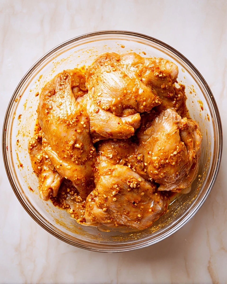 A clear round glass bowl filled with several raw chicken pieces coated evenly in a thick orange-brown marinade speckled with visible spices and small chunks, the pieces overlapping and pressed closely together inside the bowl. The bright, textured sauce clings to the skin and flesh, creating a rich, slightly wet look with some pooling at the bottom. The bowl sits on a white marbled surface, adding a clean, bright background to the vivid colors of the marinated chicken. photo taken with an iphone --ar 4:5 --v 7