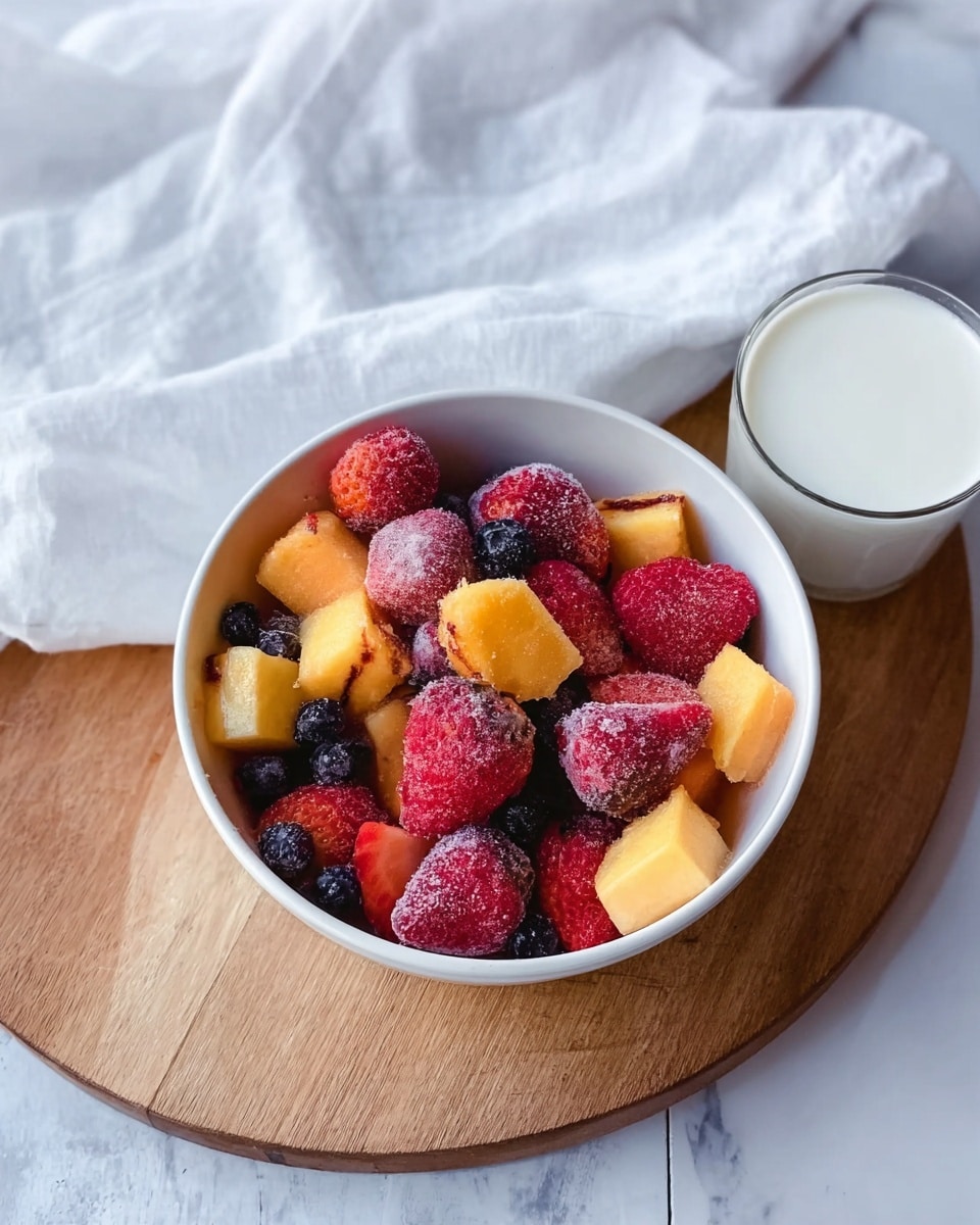 A white bowl filled with frozen fruit pieces sits on a light wood round board over a white marbled texture. The fruit includes whole strawberries that are red with frosty edges, bright orange-yellow mango chunks with some grill marks, and small dark blueberries scattered between the larger fruits. Next to the bowl, there is a small glass filled with white liquid, likely milk or cream. A white cloth napkin with soft folds is partially visible at the top of the frame. The scene looks fresh and cool, with natural light highlighting the colors and textures of the fruit. Photo taken with an iphone --ar 4:5 --v 7
