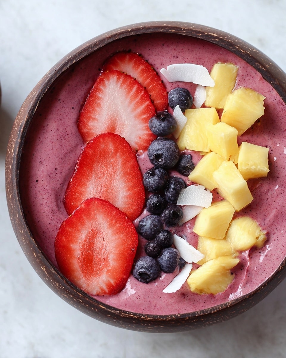 A smooth thick pink-purple smoothie fills a round dark brown bowl, topped with three bright red strawberry slices aligned diagonally on the left, a small cluster of dark blue blueberries just below the strawberries, and a group of yellow cubed fruit pieces arranged on the right side. A few white coconut flakes peek out on the left edge. The bowl sits on a white marbled surface. photo taken with an iphone --ar 4:5 --v 7