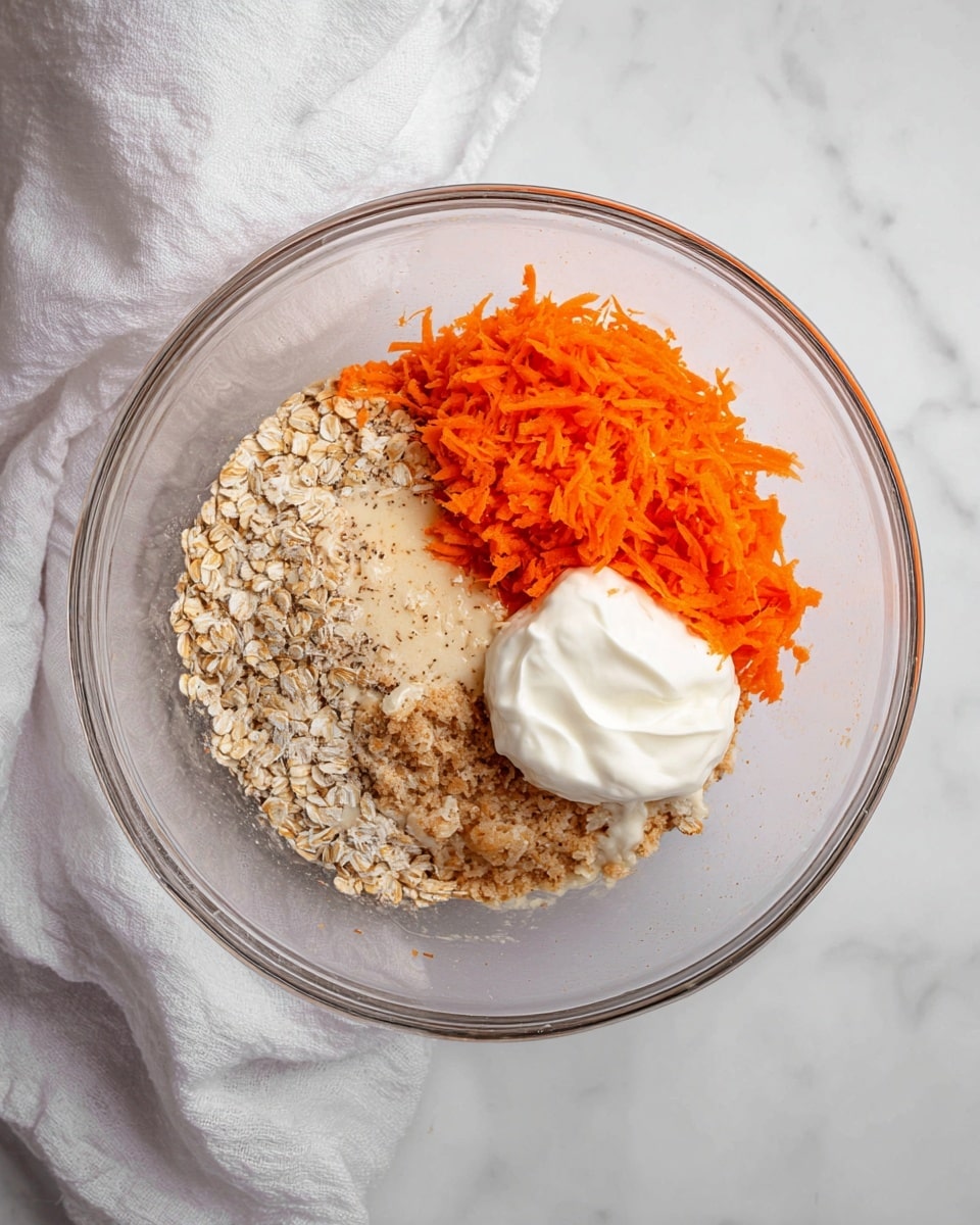 A clear glass bowl sits on a white marbled surface with a white cloth next to it, filled with visible layers of ingredients. The bottom layer is a mix of light brown oats and a creamy beige liquid with specks of darker powder sprinkled on top. On the right side of the bowl, there is a mound of bright orange shredded carrots. Next to the carrots, on the upper right, is a dollop of thick white cream or yogurt. The ingredients are separate and not yet mixed. Photo taken with an iphone --ar 4:5 --v 7