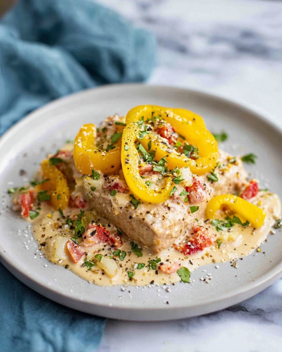 On a white plate, there is one thick piece of light tan cooked meat at the bottom. On top, there is one creamy sauce layer with a light beige color mixed with small pieces of red diced vegetables and white chopped onions. Over the sauce, there are several bright yellow slices of peppers and light green chopped herbs scattered on top. The sauce has a smooth texture with a few visible bits, and everything is sprinkled lightly with black pepper and white grated cheese. The plate sits on a white marbled surface with a soft blue cloth nearby. photo taken with an iphone --ar 4:5 --v 7